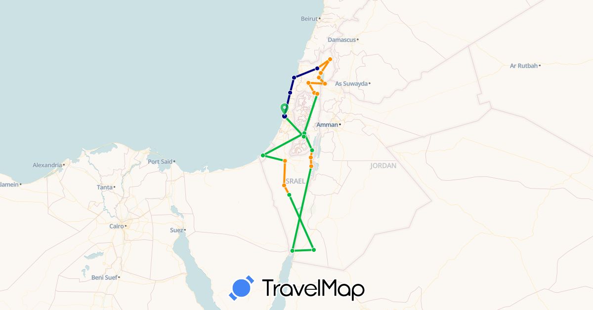 TravelMap itinerary: driving, bus, hitchhiking in Israel, Jordan (Asia)